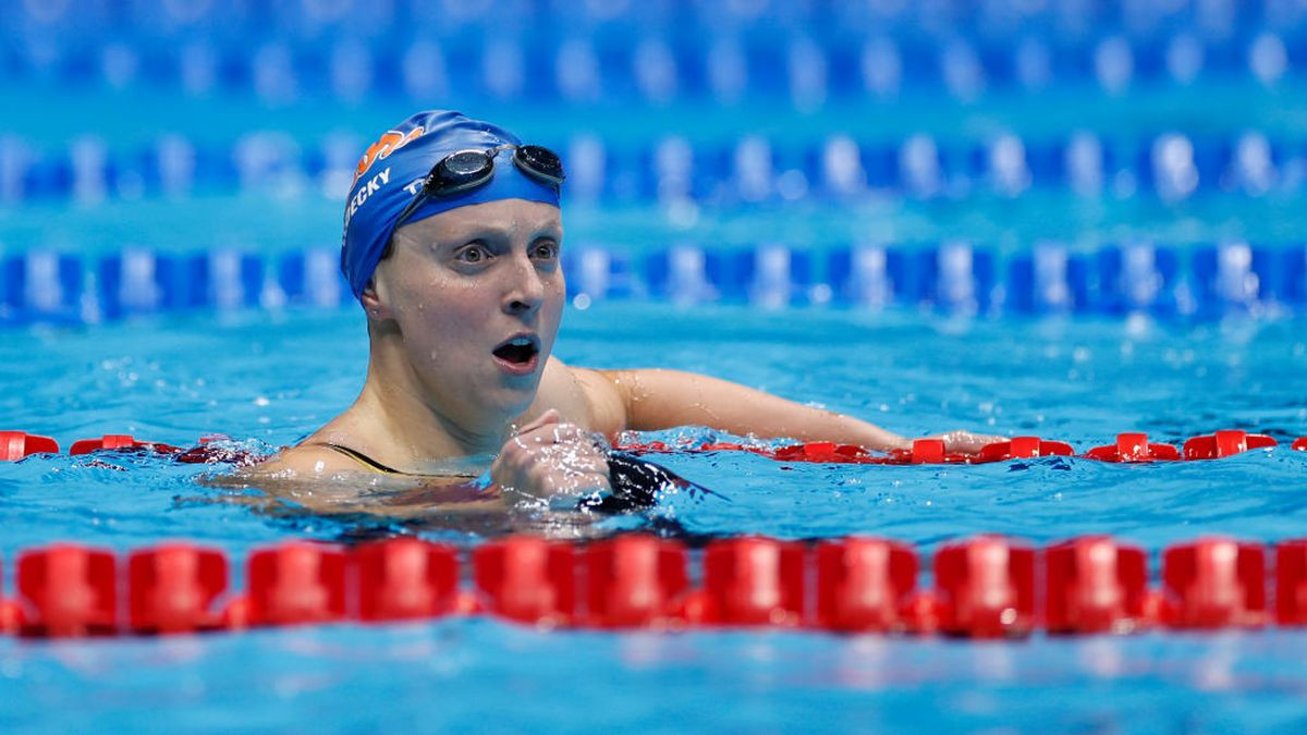 Katie Ledecky of the United States reacts after the Women's 400m freestyle final at Lucas Oil Stadium on 15 June 2024 in Indianapolis, Indiana. GETTY IMAGES