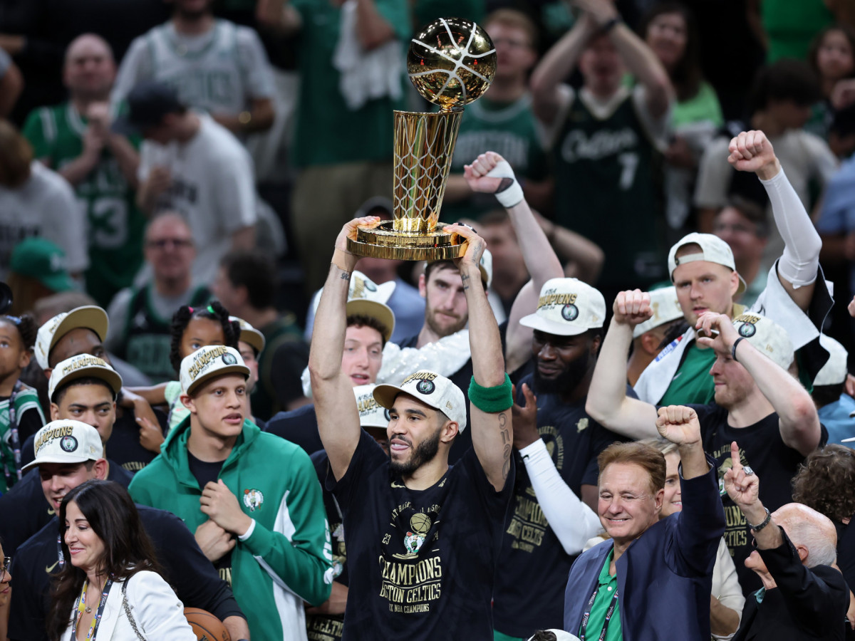 Jayson Tatum celebrates Celtics' 18th title. GETTY IMAGES