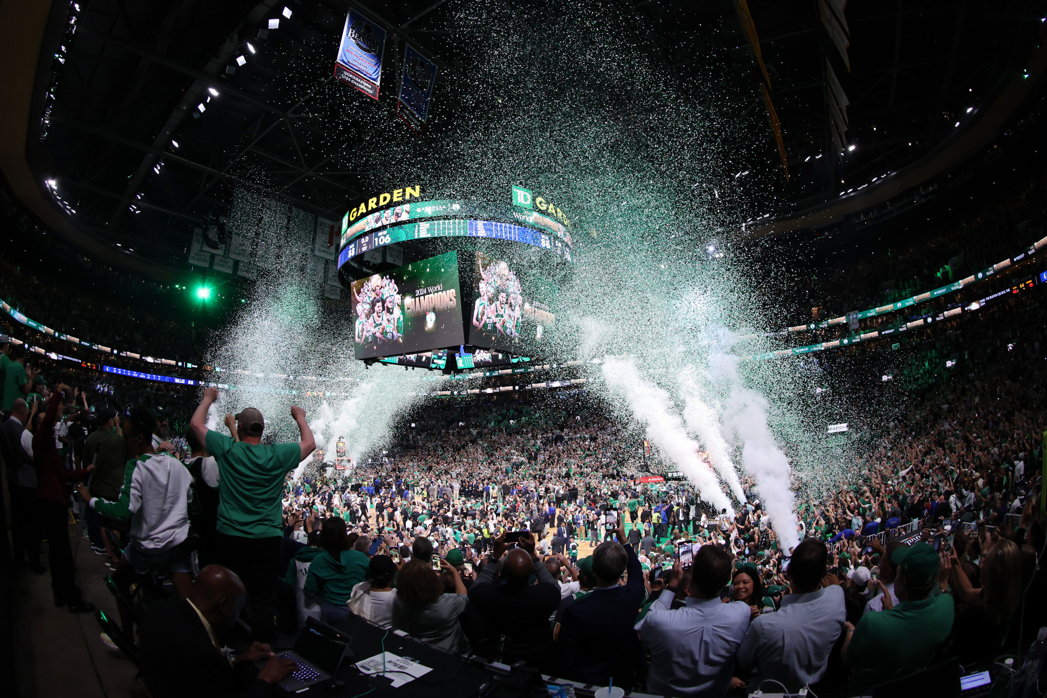 Celtics fans celebrate at TD Garden arena. GETTY IMAGES