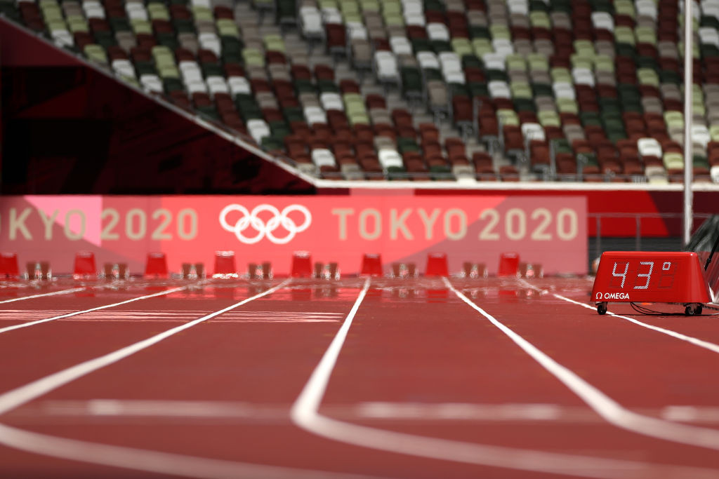 the temperature inside the Olympic Stadium, reading 43 degrees Celsius, after the morning session on day ten of the Tokyo 2020 Olympic Games. GETTY IMAGES