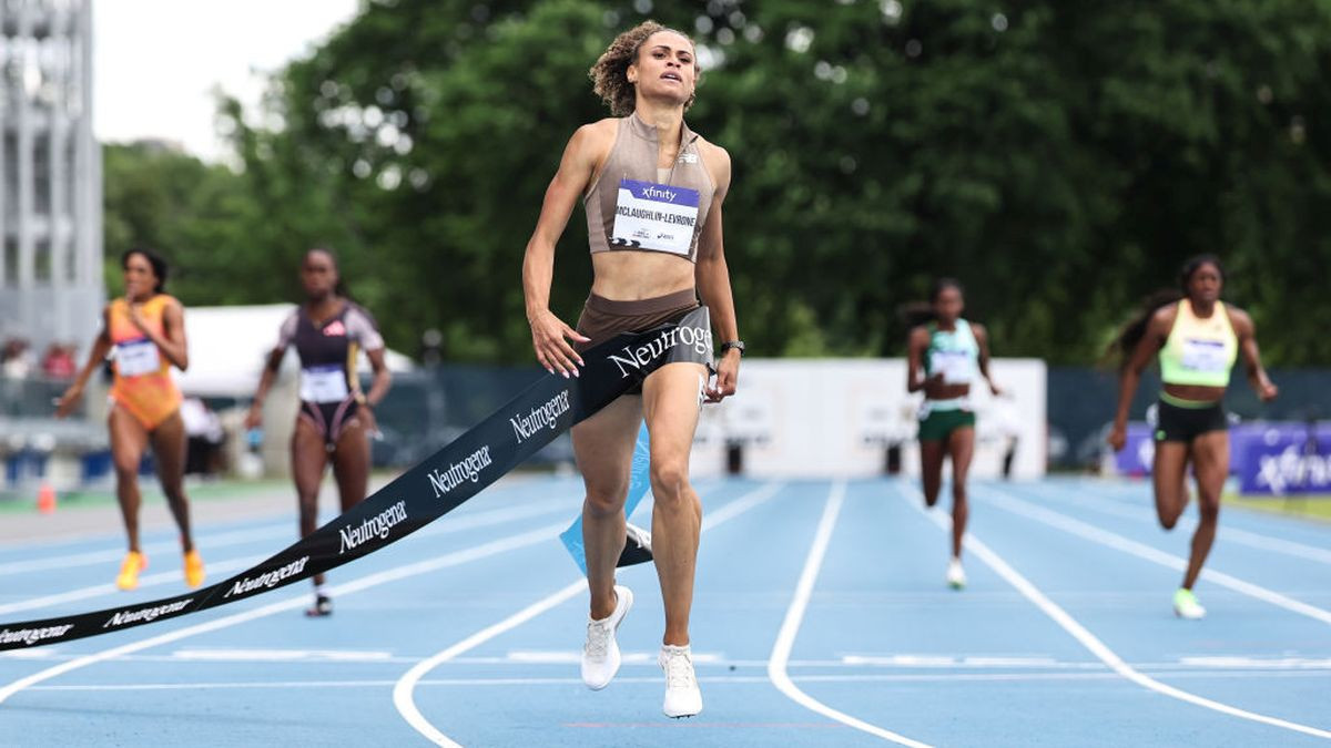 Sydney McLaughlin-Levrone crosses the finish line to win the women's 400m during the 2024 USATF NYC Grand Prix at Icahn Stadium on 09 June 2024. GETTY IMAGES