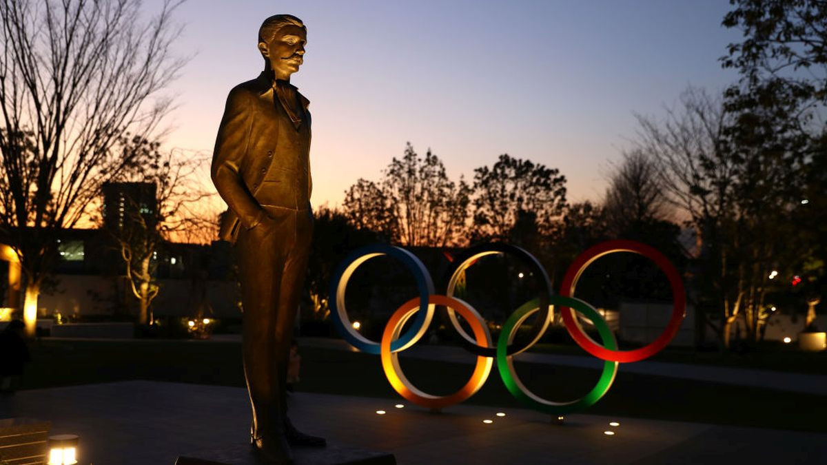 A monument in honor of Olympic founder Baron Pierre de Coubertin outside the New National Stadium in Tokyo. GETTY IMAGES