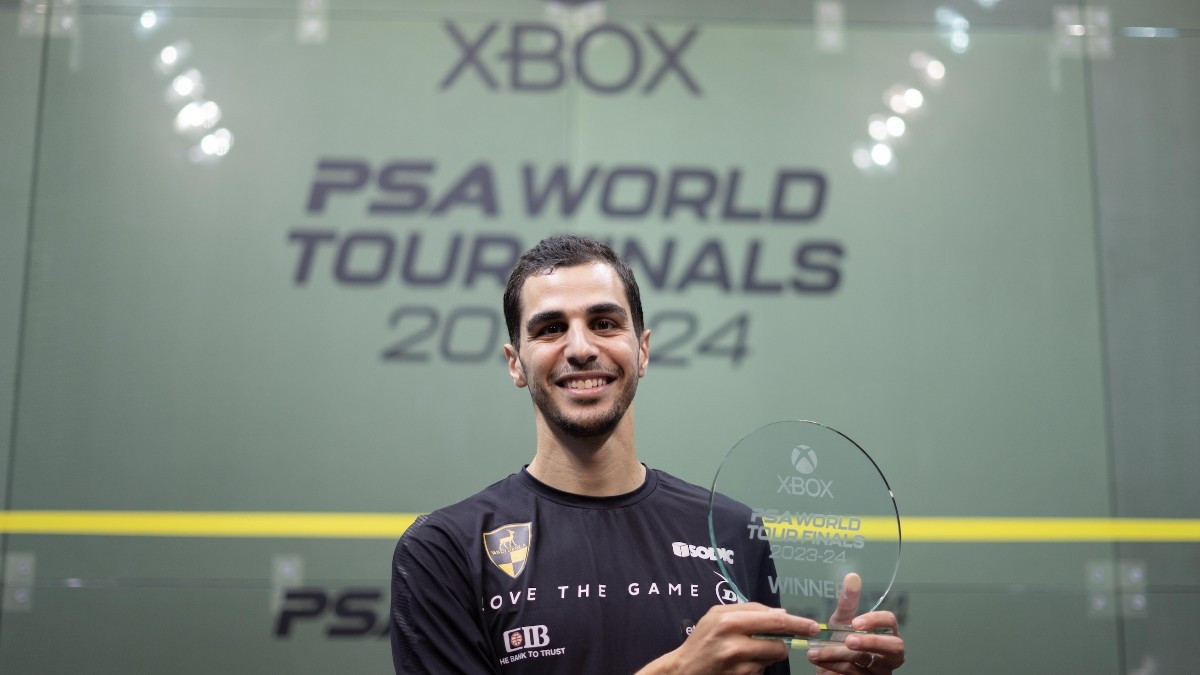 Farag celebrates his victory in the Xbox PSA World Tour Finals. PSA