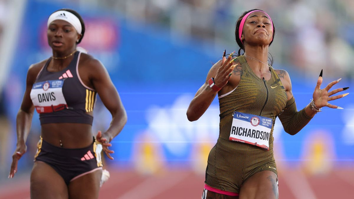 Sha'Carri Richardson celebrates after winning the women's 100 metre final in Eugene, Oregon. GETTY IMAGES
