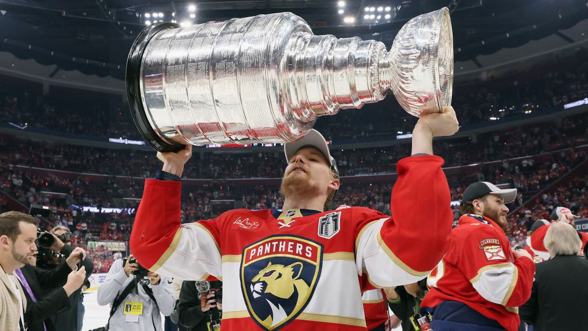 Gustav Forsling of the Florida Panthers celebrates with the Stanley Cup following a 2-1 victory over the Edmonton Oilers in Game Seven of the 2024 NHL Stanley Cup Final. GETTY IMAGES