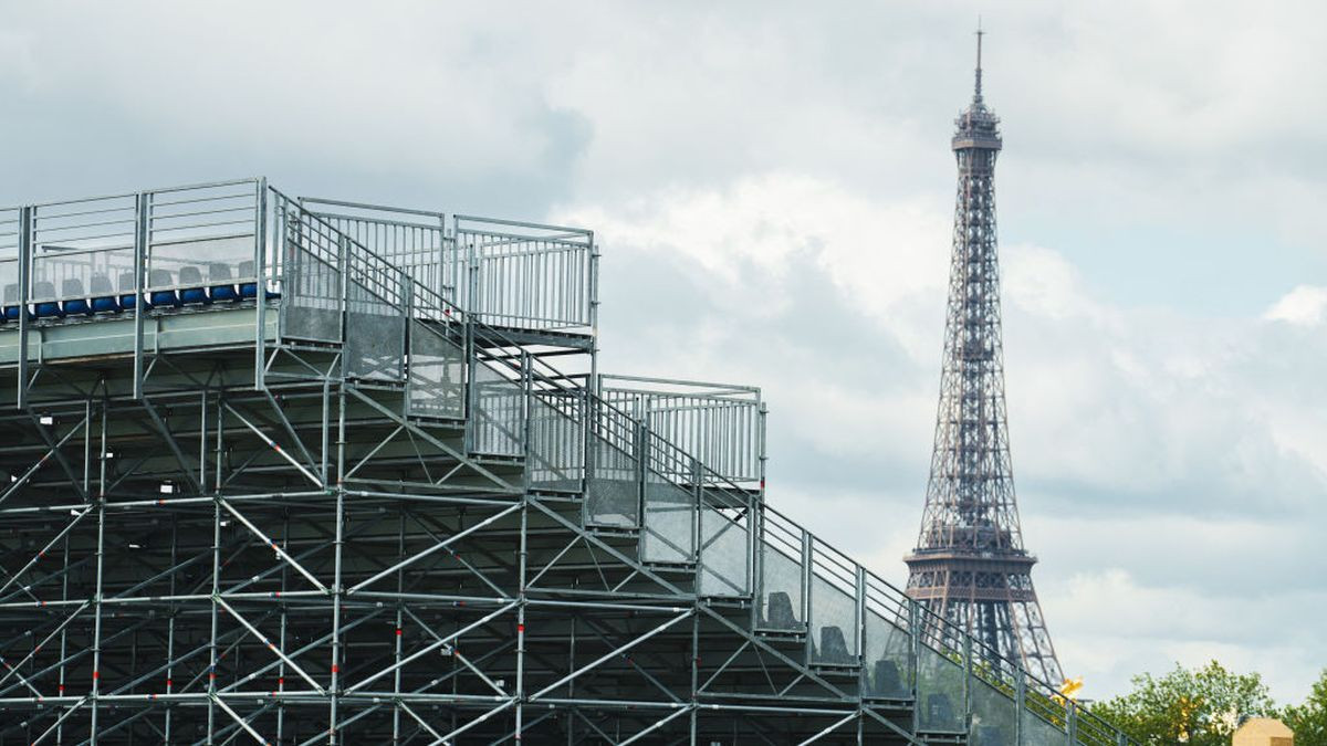 A construction of the Paris 2024 summer olympics tribunes is seen with the Eiffel tower in the background, near Place de la Concorde in Paris. GETTY IMAGES