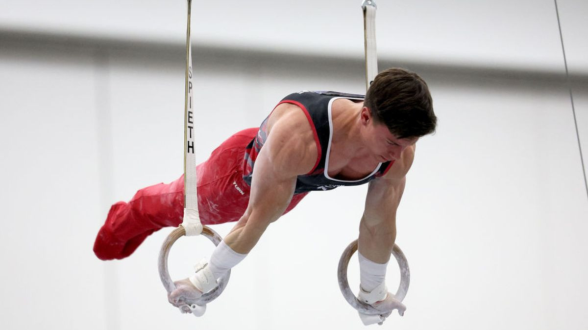 Brody Malone competes in the Rings during the Senior Men's competition of the 2024 USA Gymnastics Winter Cup in February 2024. GETTY IMAGES
