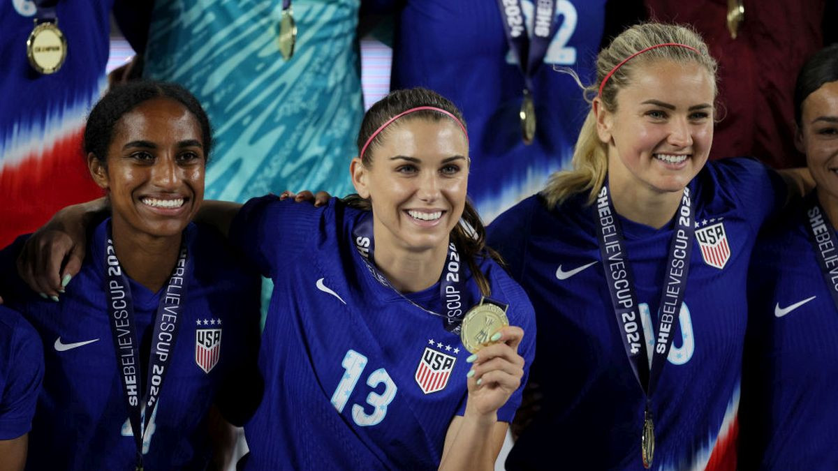 Naomi Girma #4, Alex Morgan #13 and Lindsey Horan #10 of the USA celebrate after beating Canada in the final of the 2024 SheBelieves Cup on 9 April 2024. GETTY IMAGES