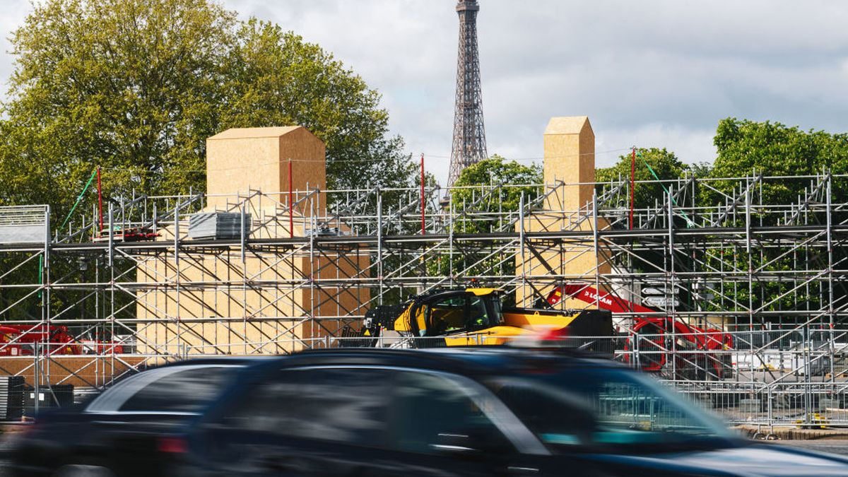 A construction of the Paris 2024 summer olympics tribunes is seen with the Eiffel tower in the background, near Place de la Concorde in Paris. GETTY IMAGES
