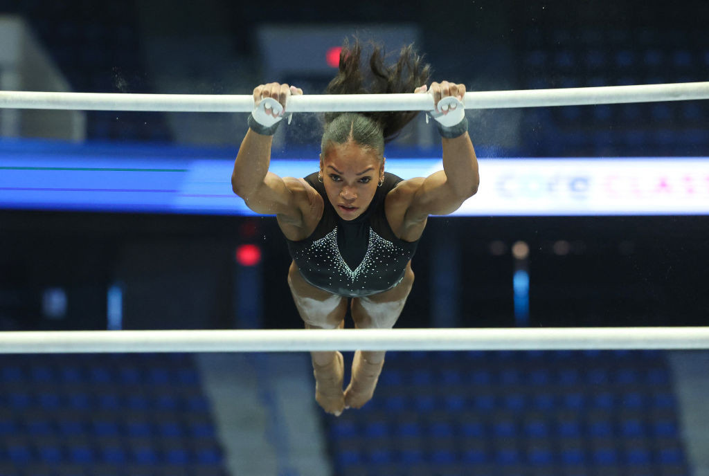 Shilese Jones dropped out of the USA Olympic gymnastics trials after injuring her left knee. GETTY IMAGES