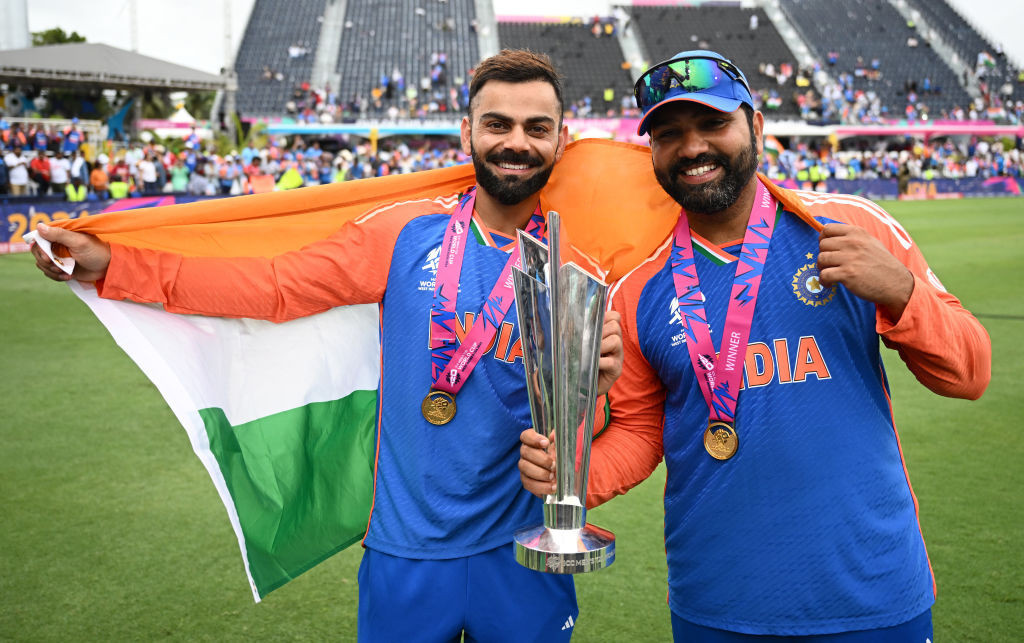 Virat Kohli and Rohit Sharma celebrate their last ICC Men's T20 Cricket World Cup with a win. GETTY IMAGES