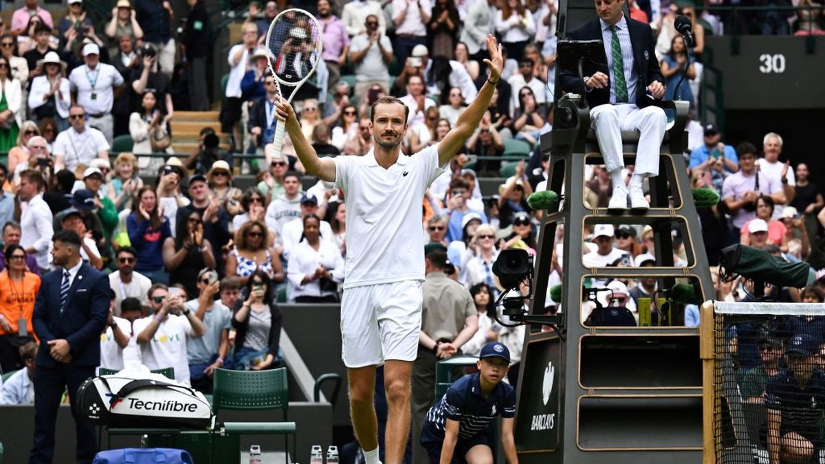 Winner Russia's Daniil Medvedev celebrates after winning against USA's Aleksandar Kovacevic at first day of the 2024 Wimbledon on 1 July 2024. GETTY IMAGES