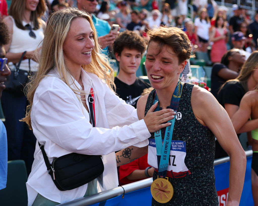Emma Gee and Nikki Hiltz react after Hiltz won the women's 1500 metre final. GETTY IMAGES