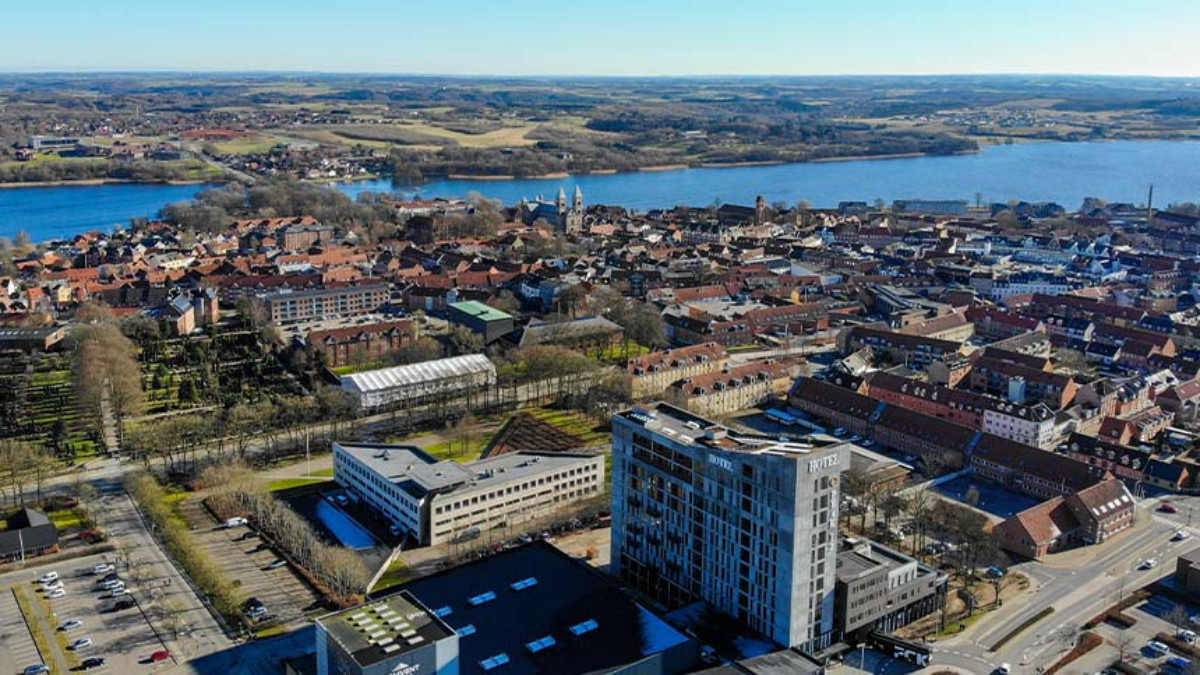 A view of Viborg, Denmark, with the Sonderso Lake in the foreground.