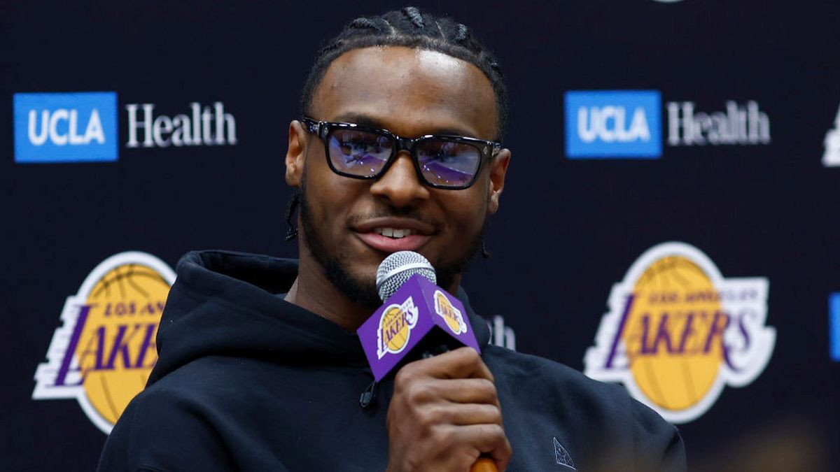 Bronny James during his introductory press conference with the Los Angeles Lakers. GETTY IMAGES