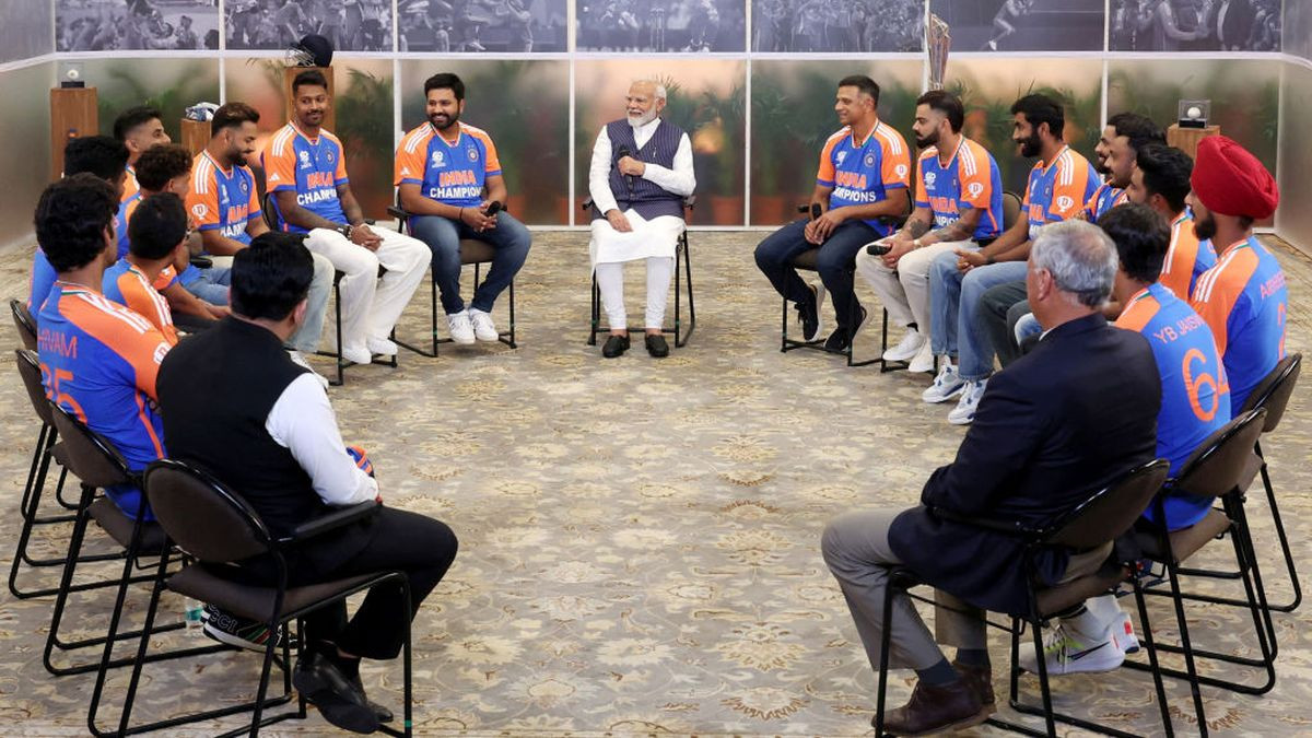 India's Prime Minister Narendra Modi talks with Indian cricket team in New Delhi, after India won the ICC men's Twenty20 World Cup 2024 in Barbados. GETTY IMAGES