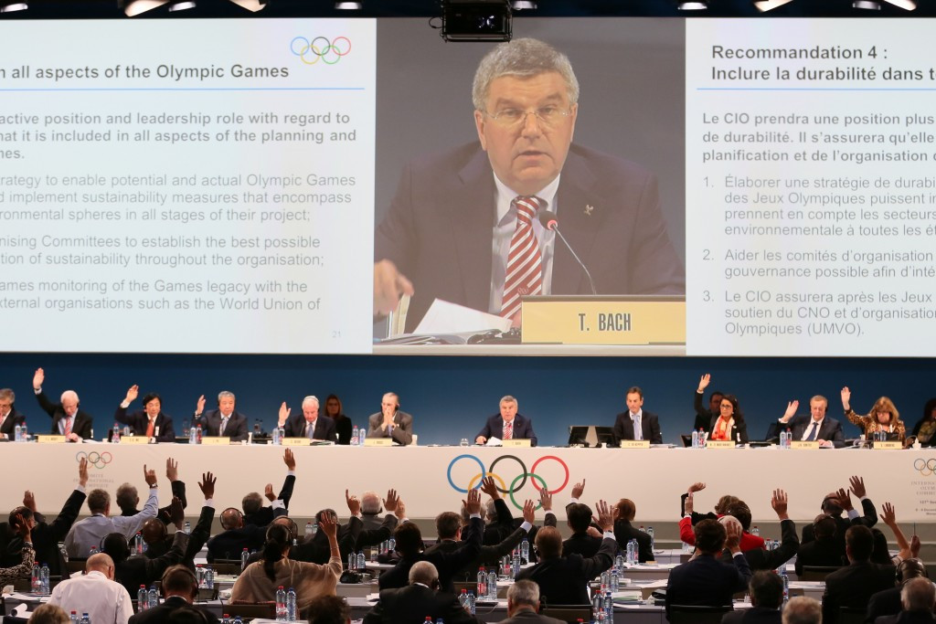 Britain's Sir Craig Reedie, fourth left, and Morocco's Nawal El Moutawakel, third right, will each stand down from their positions on the International Olympic Committee Executive Board this year ©Getty Images