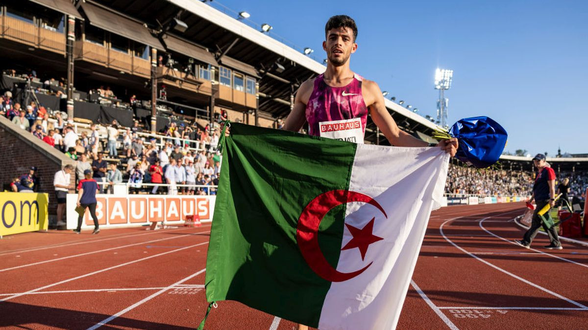 Djamel Sedjati of Team Algeria celebrates after winning in the Men's 800 Metres Final during the 2024 Diamond League. GETTY IMAGES
