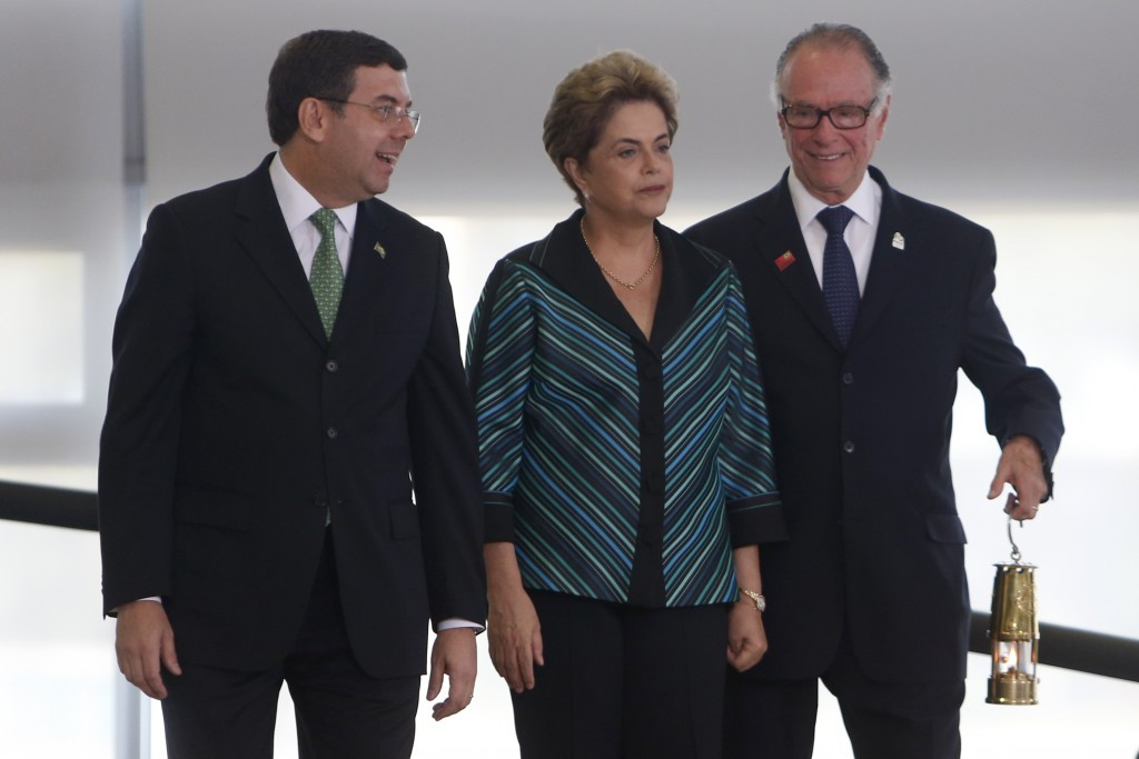 Dilma Rousseff arrives at the ceremony where the flame is lit at the Palácio do Planalto with Carlos Nuzman (right) and Sports Minister Ricardo Leyser ©Getty Images