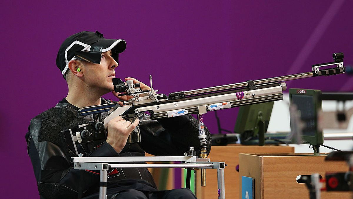Michael Johnson of New Zealand competes in the Mixed R4-10m Air Rifle Standing Shooting - SH2 final on day 4 of the London 2012 Paralympic Games. GETTY IMAGES