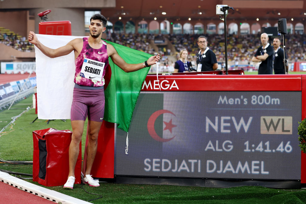 Djamel Sedjati of Algeria celebrates victory in the Mens 800m and new world-leading time. GETTY IMAGES