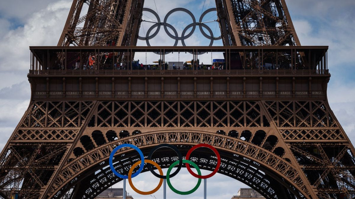 Olympic Rings displayed at the construction site of the Eiffel Tower Stadium for the upcoming Paris 2024 Olympics. GETTY IMAGES