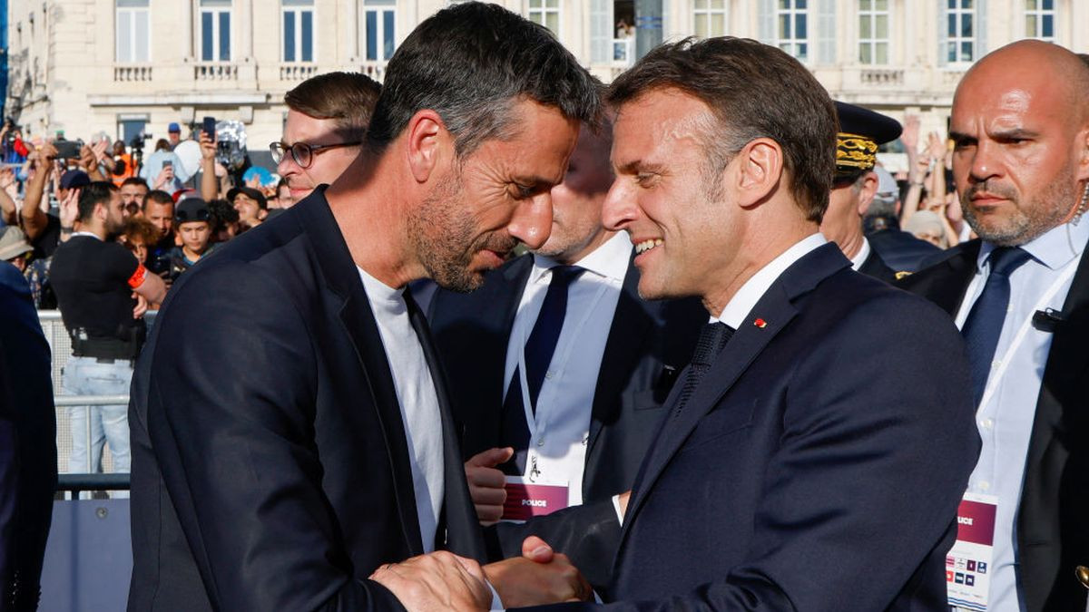 Paris 2024 Olympics and Paralympics Organising Committee President Tony Estanguet and France's President Emmanuel Macron in Marseille on 8 May 2024. GETTY IMAGES