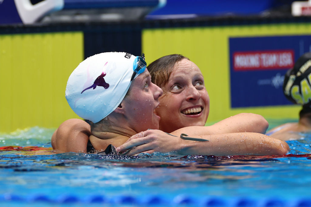 Erin Gemmell embraces Katie Ledecky, who she says inspired her to be an Olympian. GETTY IMAGES
