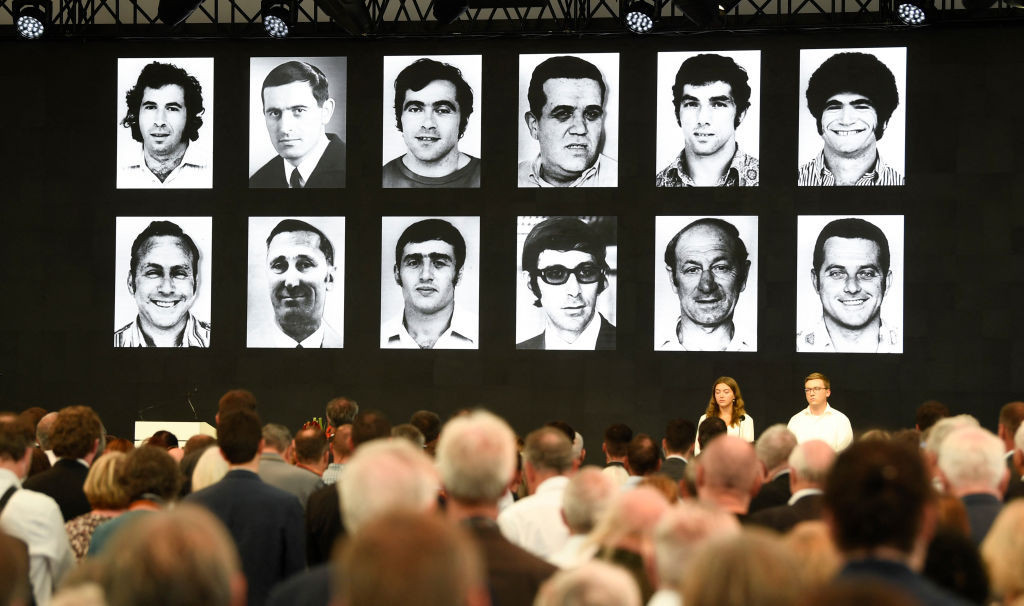 Portraits of the victims are displayed at the end of a ceremony to mark the 50th anniversary of an attack on the 1972 Munich Olympics. GETTY IMAGES