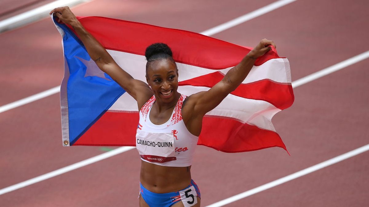Jasmine Camacho-Quinn celebrates winning the gold medal in the Women's 100m Hurdles Final on day ten of the Tokyo 2020 Olympic on August 2021. GETTY IMAGES