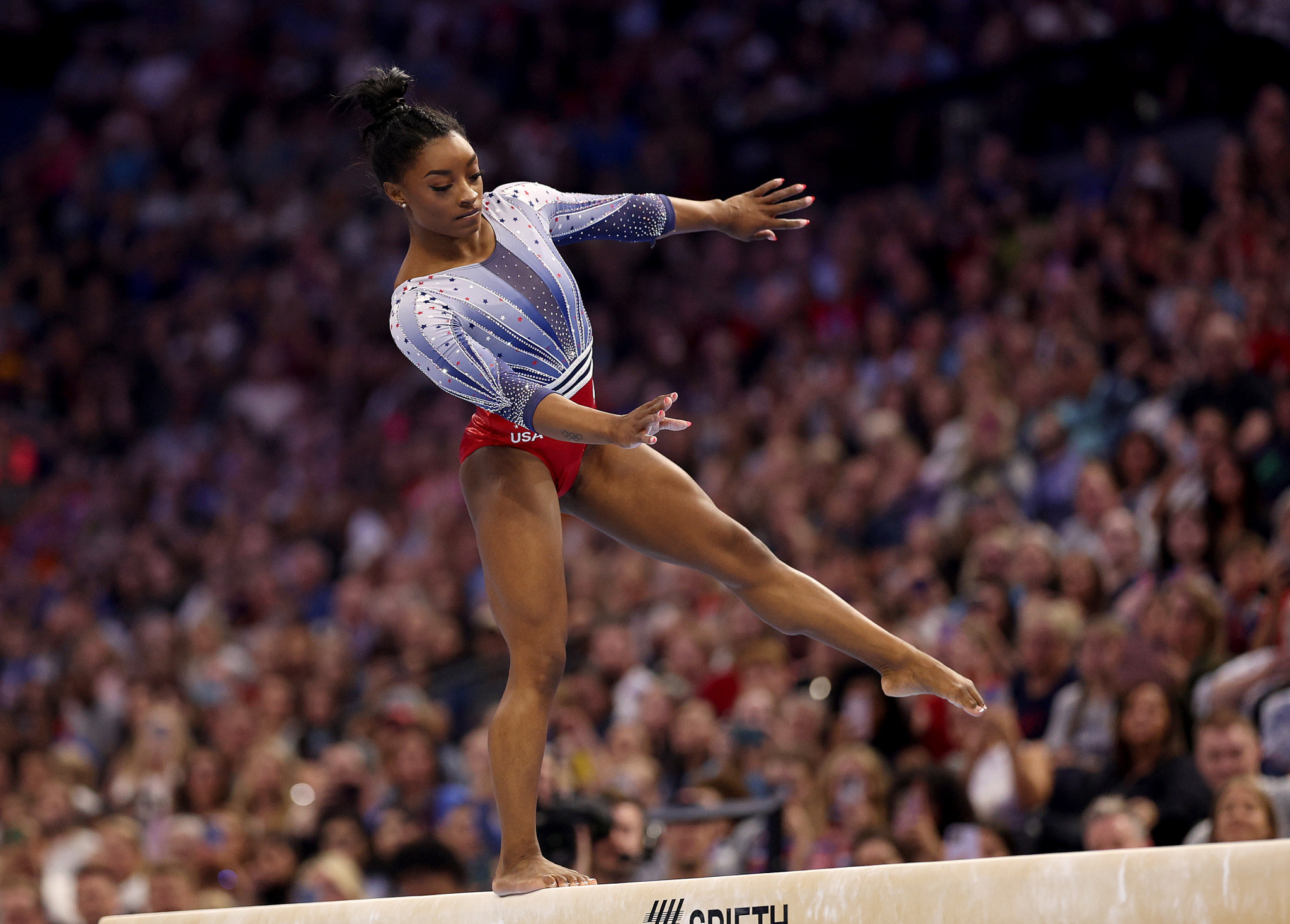Gymnastic star Simone Biles is eyeing gold at the upcoming Olympics in Paris. GETTY IMAGES
