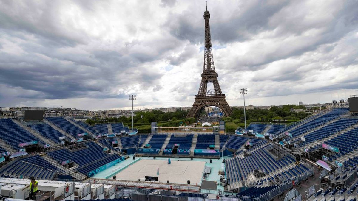General view of the Eiffel Tower Stadium the venue of beach volleyball events ahead of the Paris 2024 Olympic Games on 13 July 2024 in Paris. GETTY IMAGES