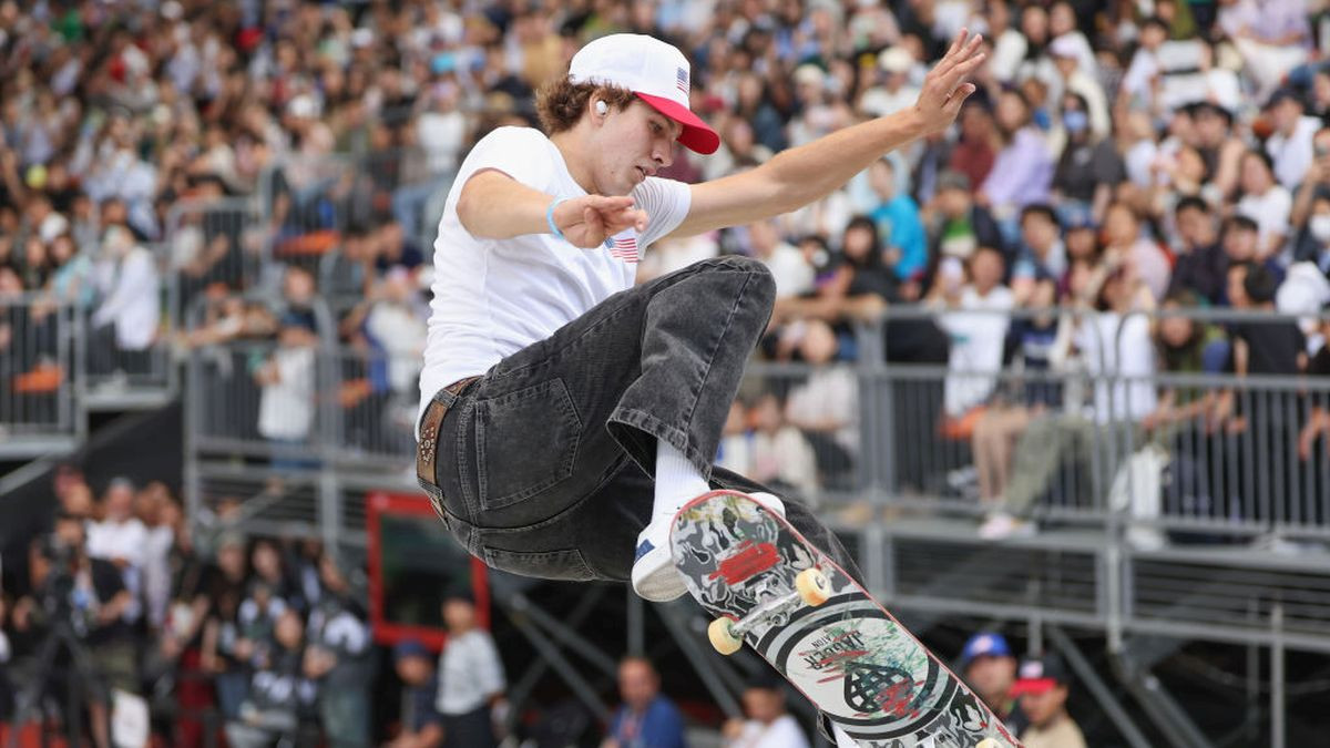 Jagger Eaton of the United States reacts competes during the Skateboarding Men's Street Final on day four of the Olympic Qualifier Series. GETTY IMAGES.