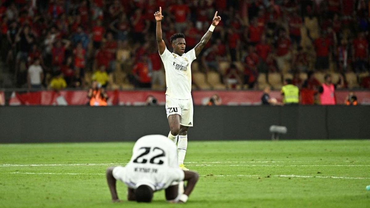 Vinicius Jr and Antonio Rudiger celebrate at the end of the Spanish Copa del Rey final in May 2023. GETTY IMAGES
