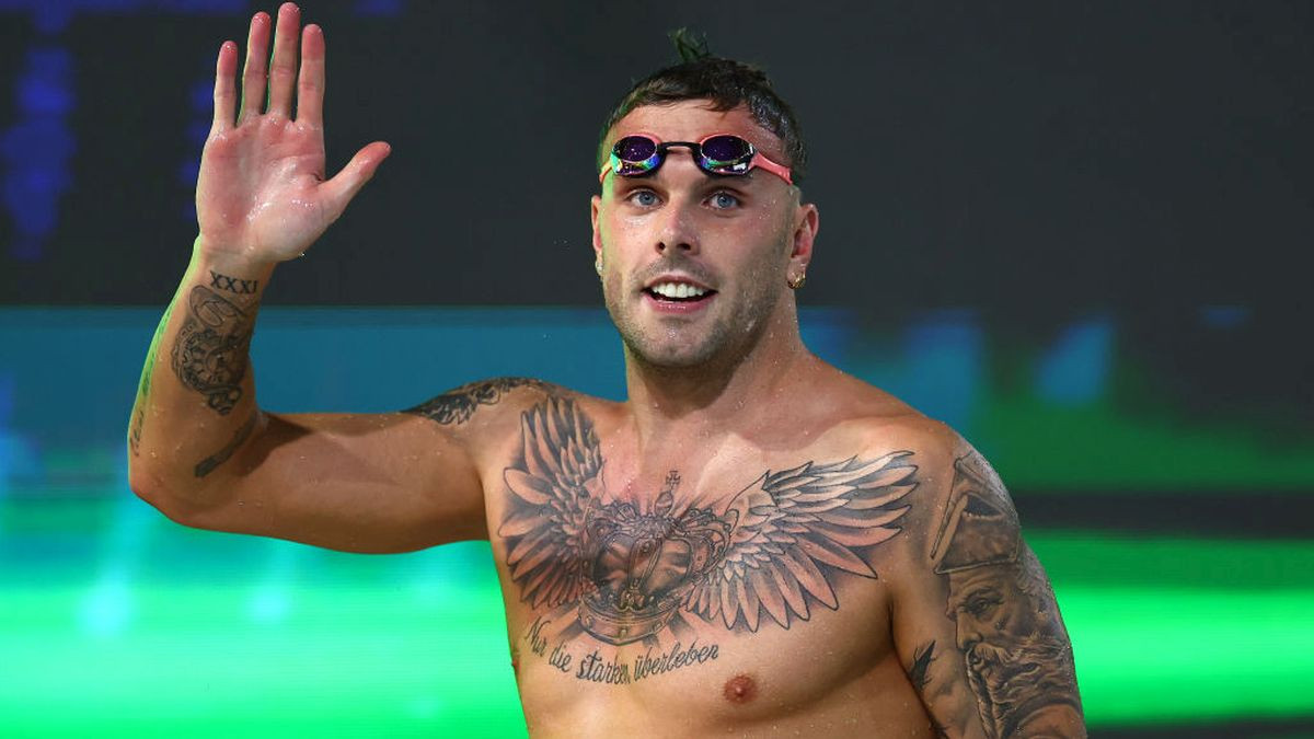 Kyle Chalmers waves to the crowd after winning the Men’s 100m Freestyle Final during the 2024 Australian Swimming Trials. GETTY IMAGES
