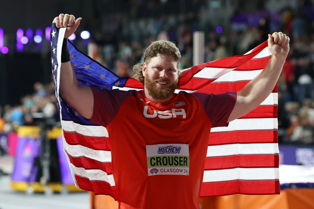 Ryan Crouser celebrating after winning the world indoor title in Glasgow last March. GETTY IMAGES