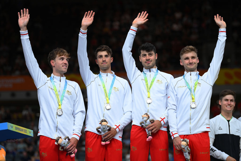 Dan Bigham with teammates Ethan Hayter, Ethan Vernon and Oli Wood after winning silver at Birmingham 2022. GETTY IMAGES