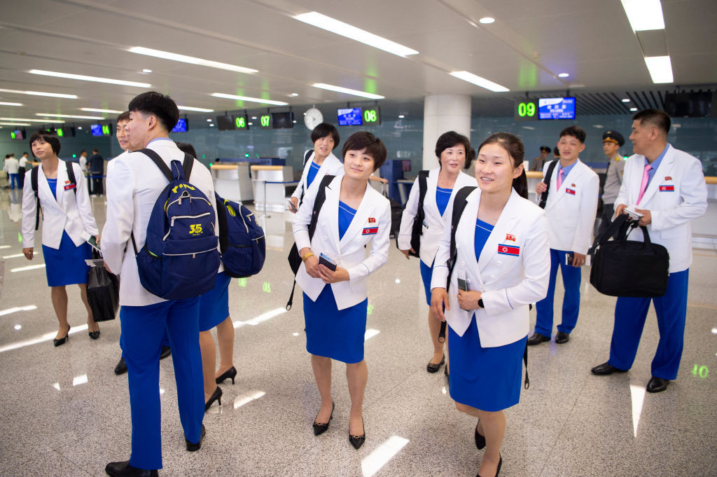 North Korea athletes bound for the Paris 2024 Olympic Games at the Pyongyang International Airport. GETTY IMAGES