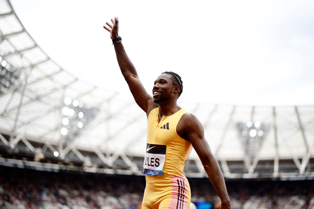 Noah Lyles celebrates after winning the Men's 100m in London. GETTY IMAGES