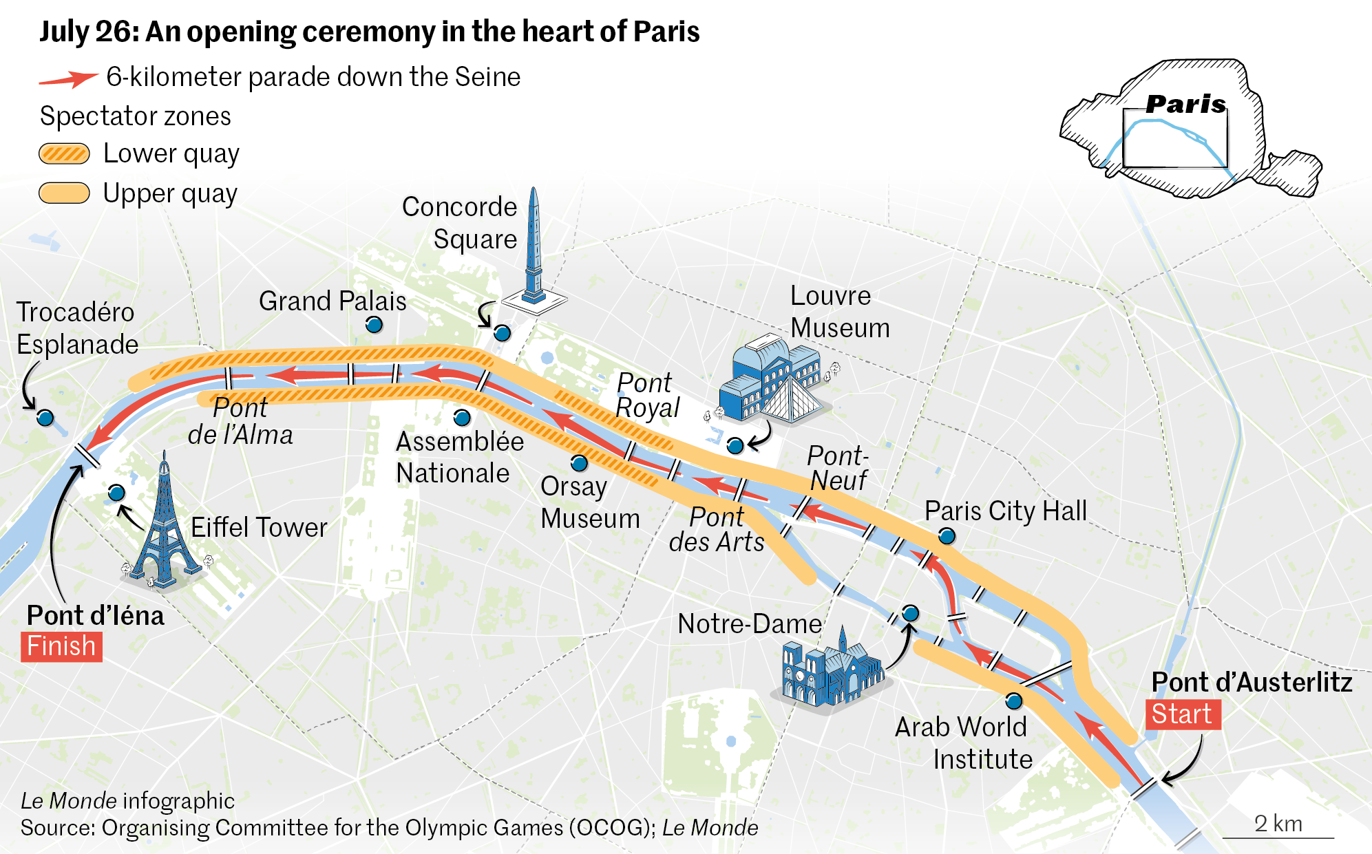 A map showing the route of the parade. LE MONDE