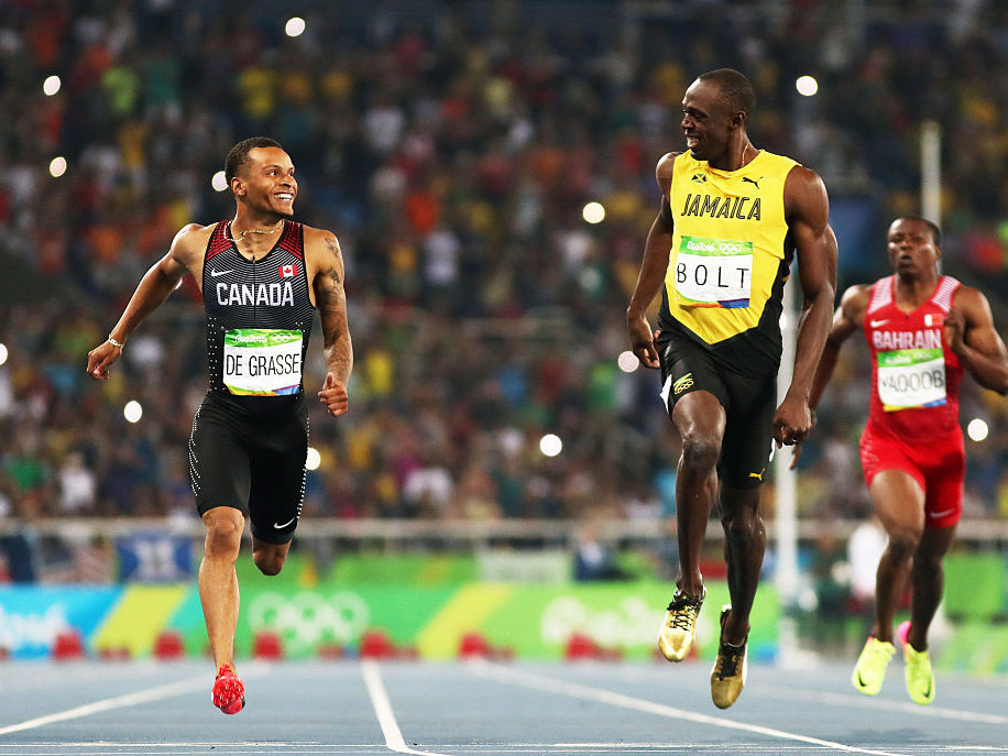 Andre de Grasse and his mentor  Usain Bolt competing in Rio in 2016. GETTY IMAGES