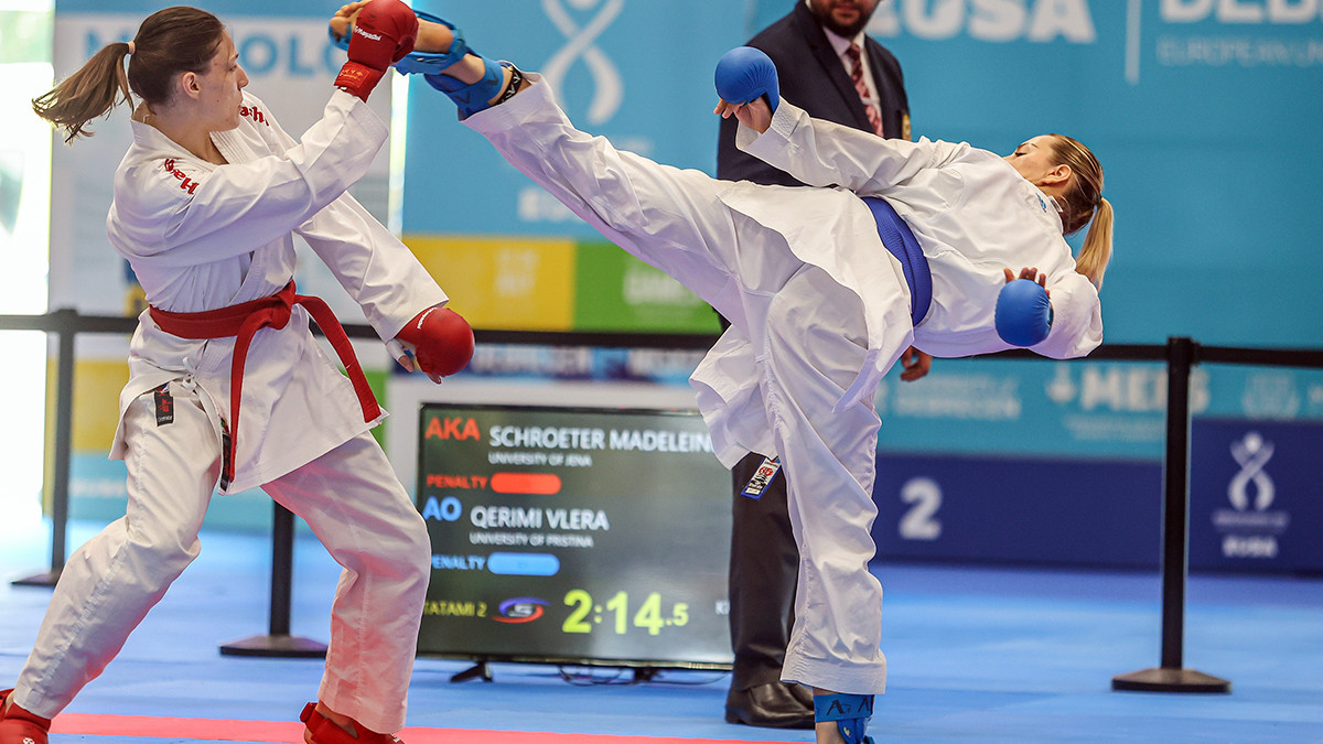 Action during the final of the Female Kumite -68 kg between Madeleine Schroeter from the University of Jena and Vlera Qerimi from the University of Pristina. WKF