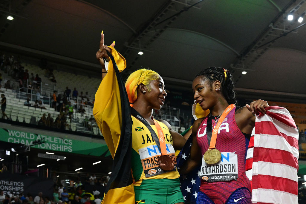 Shelly-Ann Fraser-Pryce with Sha'Carri Richardson at the World Athletics Championships. GETTY IMAGES