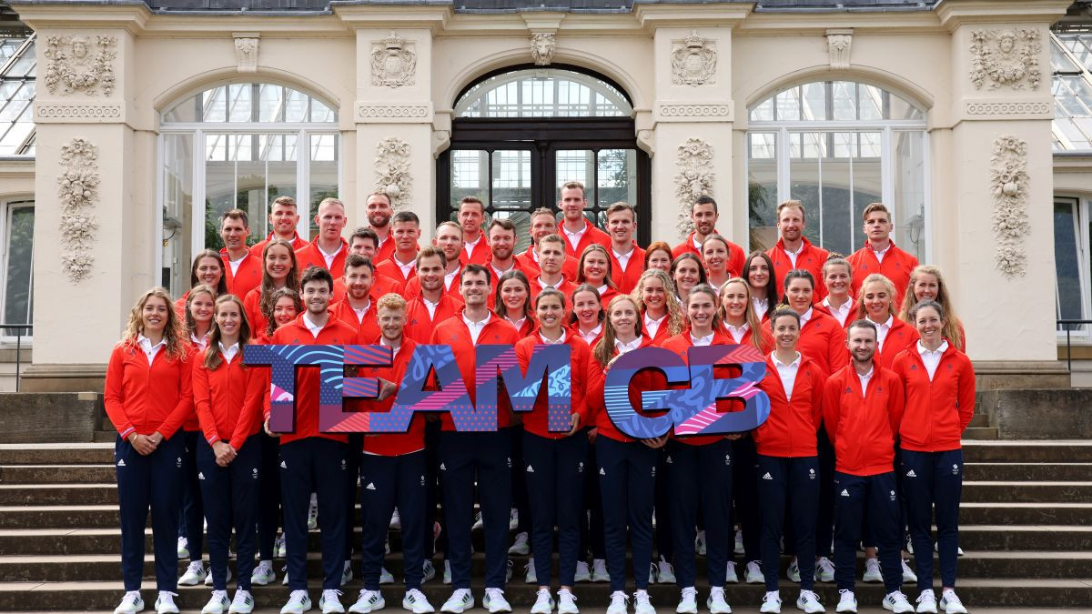 The Team GB rowing team poses for a group photo for the Paris 2024 Olympic Games. GETTY IMAGES