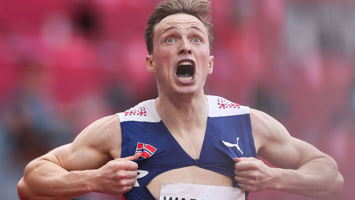 Karsten Warholm reacts after winning the gold medal at Tokyo 2020. GETTY IMAGES