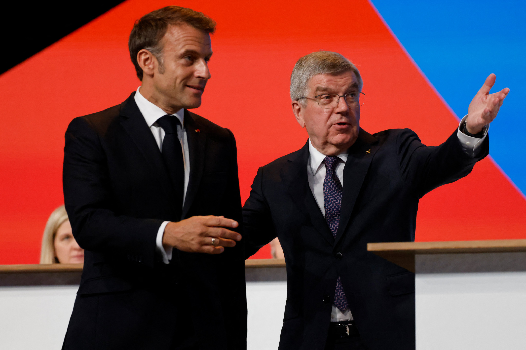 French president Emmanuel Macron and IOC President Thomas Bach. GETTY IMAGES