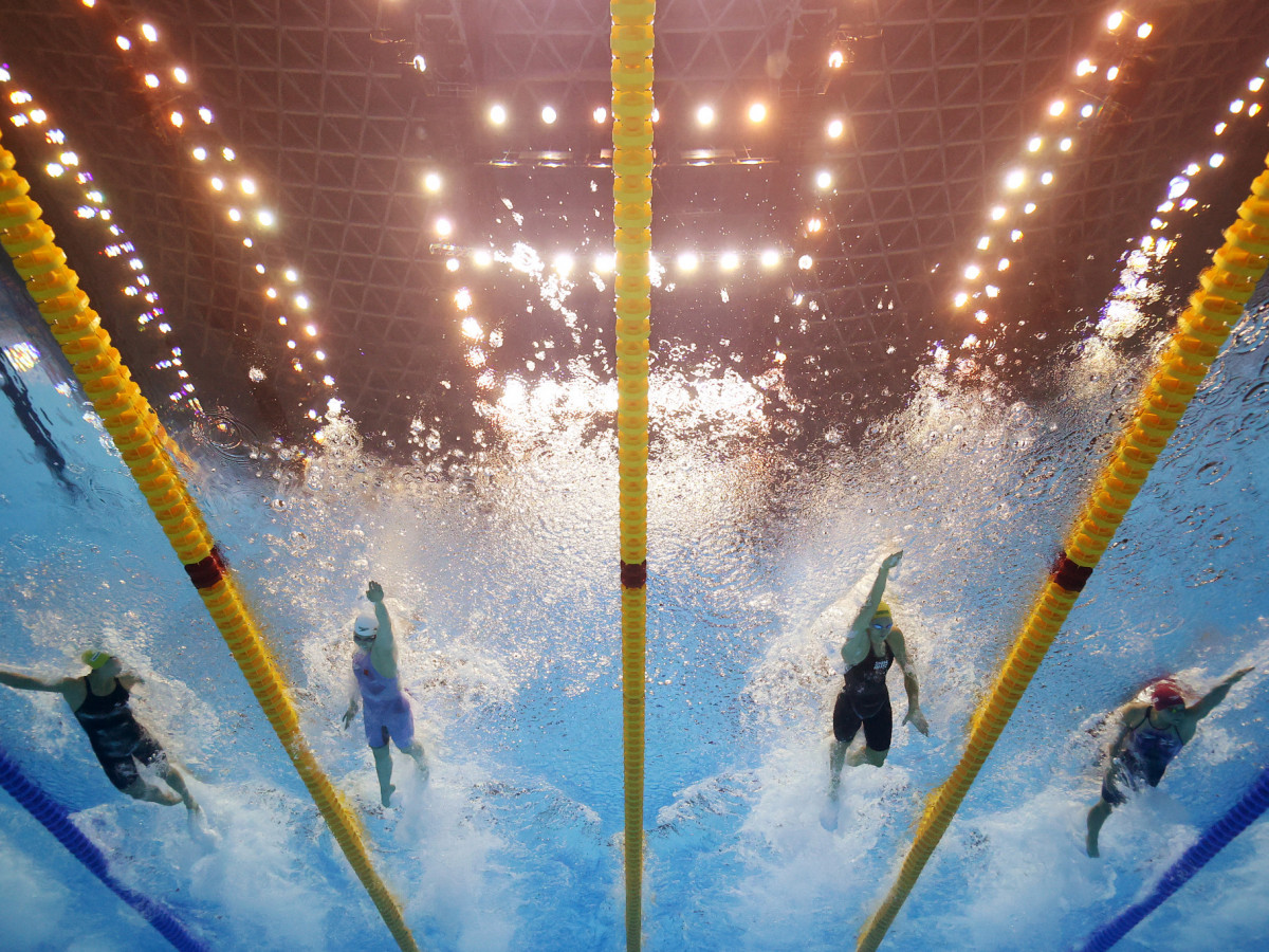 Underwater image of swimmers taking part in the Women's 50m Freestyle Semifinal at the Fukuoka 2023 World Aquatics Championships in 2023. GETTY IMAGES