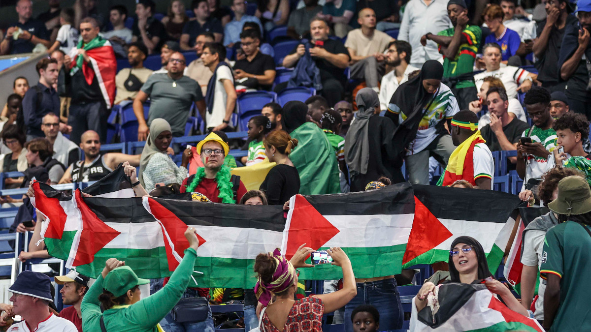 Palestinian flags were waved by the spectators during the Paris 2024 football match between Israel and Mali. GETTY IMAGES