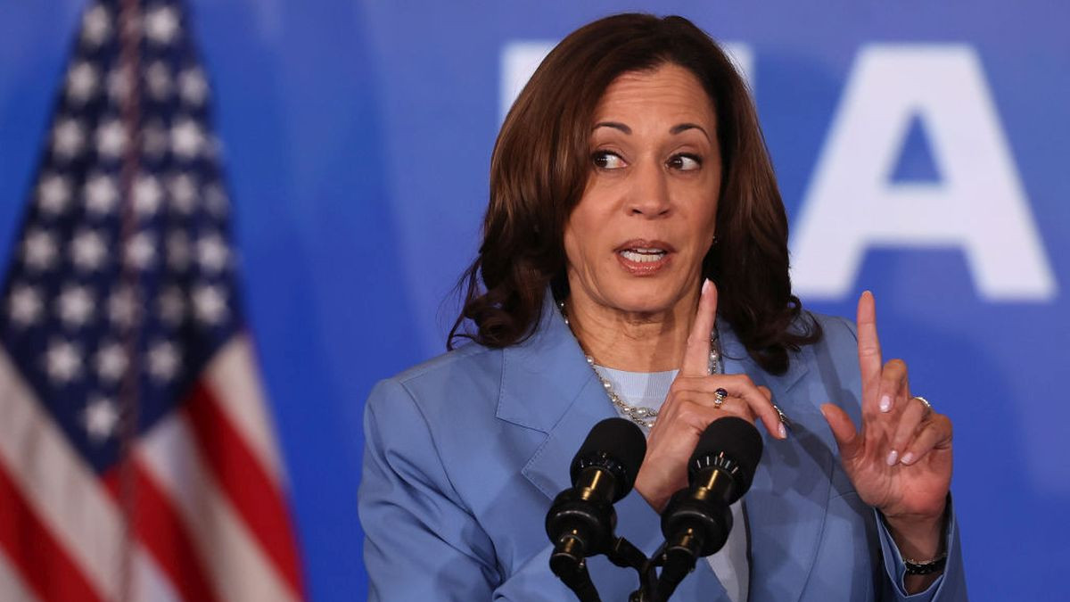 Vice President Kamala Harris speaks during a campaign event at Resorts World Las Vegas. GETTY IMAGES