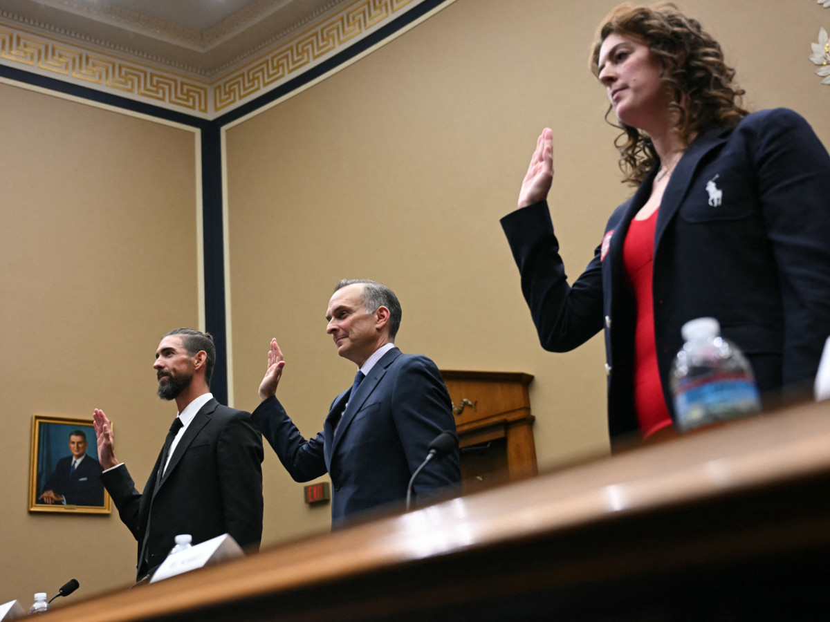 Former US Olympians and US Anti-Doping Agency CEO Travis Tygart sworn in before testifying at a hearing on anti-doping measures. GETTY IMAGES.